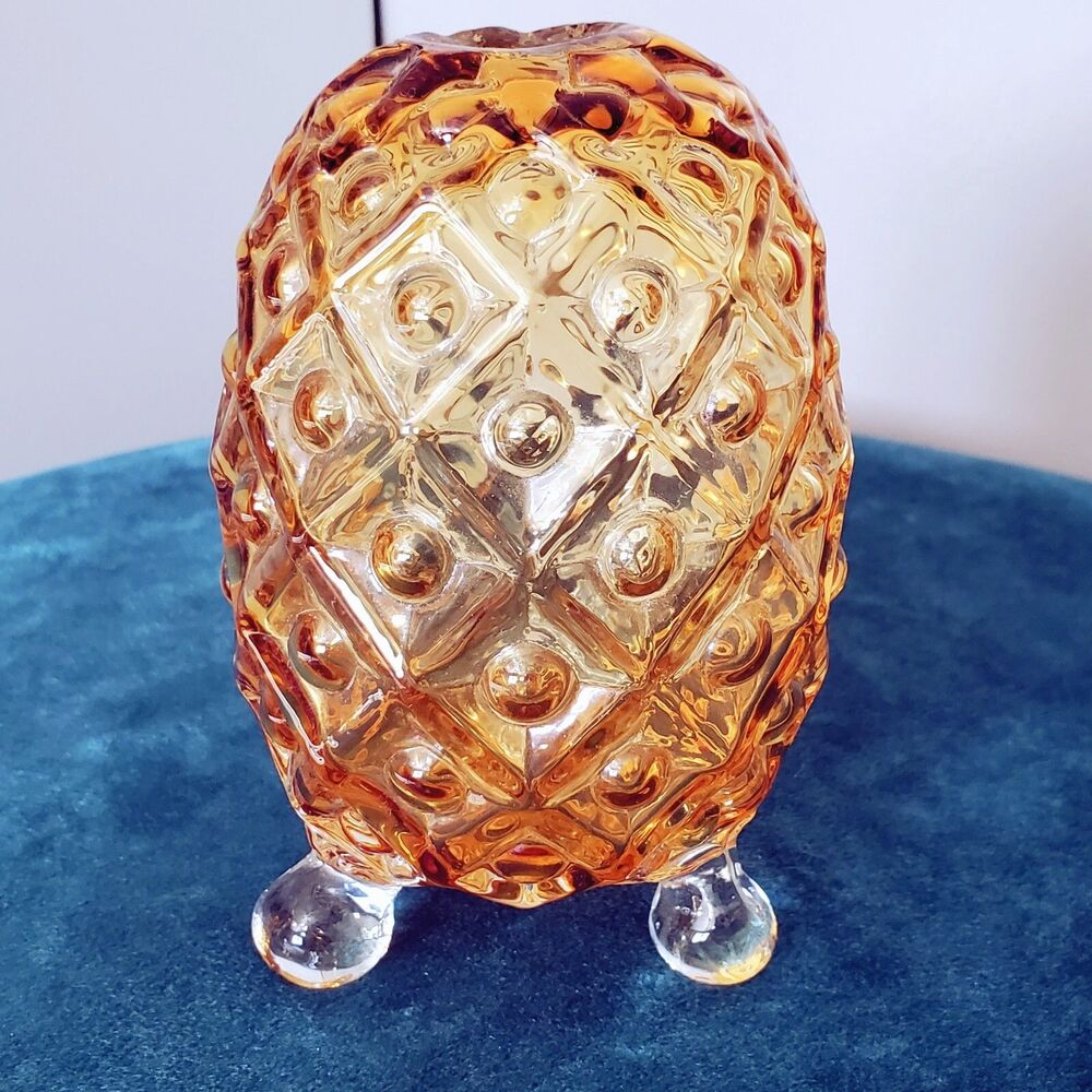 Pineapple Egg Shaped Amber Glass Three Footed Art Glass Opening Fenton Style H4"